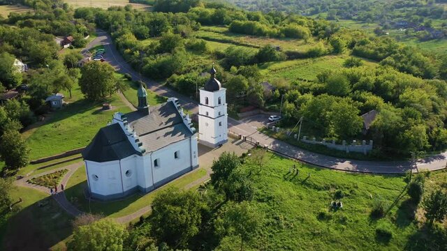 Old Elias church in Subotiv, Cherkasy region. Aerial orbiting view
