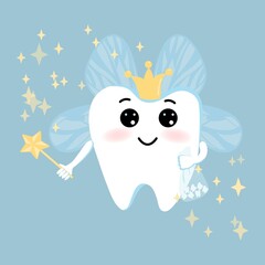 Cute cartoon tooth fairy with a magic wand on a blue background. Blue, yellow, white color. Tooth fairy for concept design.