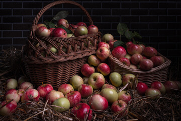 The apple harvest is collected in baskets and laid on a bed of straw for long storage in winter