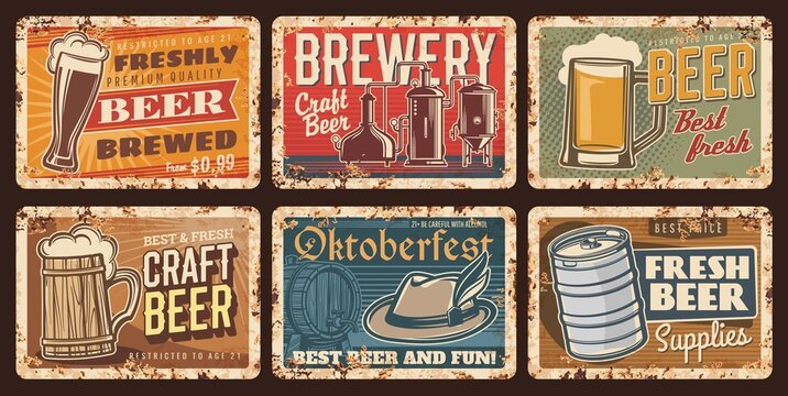 Craft beer and brewery vintage plates, vector retro tin signs. Oktoberfest craft beer fest celebration. German hat, tankard and barrel. Alcohol drinks beerhouse tavern or pub vintage rusty cards set