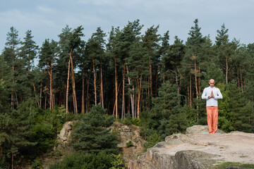 full length view of buddhist praying on rock in forest