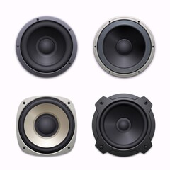 Sound speakers, stereo audio music system icons. Sound system woofers or drivers, 3d realistic vector dynamic loudspeakers with bolted round and square metal frame, rubber or foam ring, diaphragm - obrazy, fototapety, plakaty