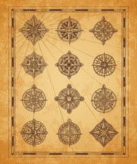 vintage nautical map compass roses. Longitude and latitude ancient map frame. Medieval cartography, maritime navigation and treasure hunt adventure vector wind rose, compass symbol with ornaments