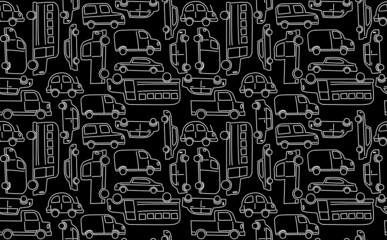 Cute seamless vector pattern featuring cars, busses, vans, and trucks. Repeating patterns are great for backgrounds and surface designs.