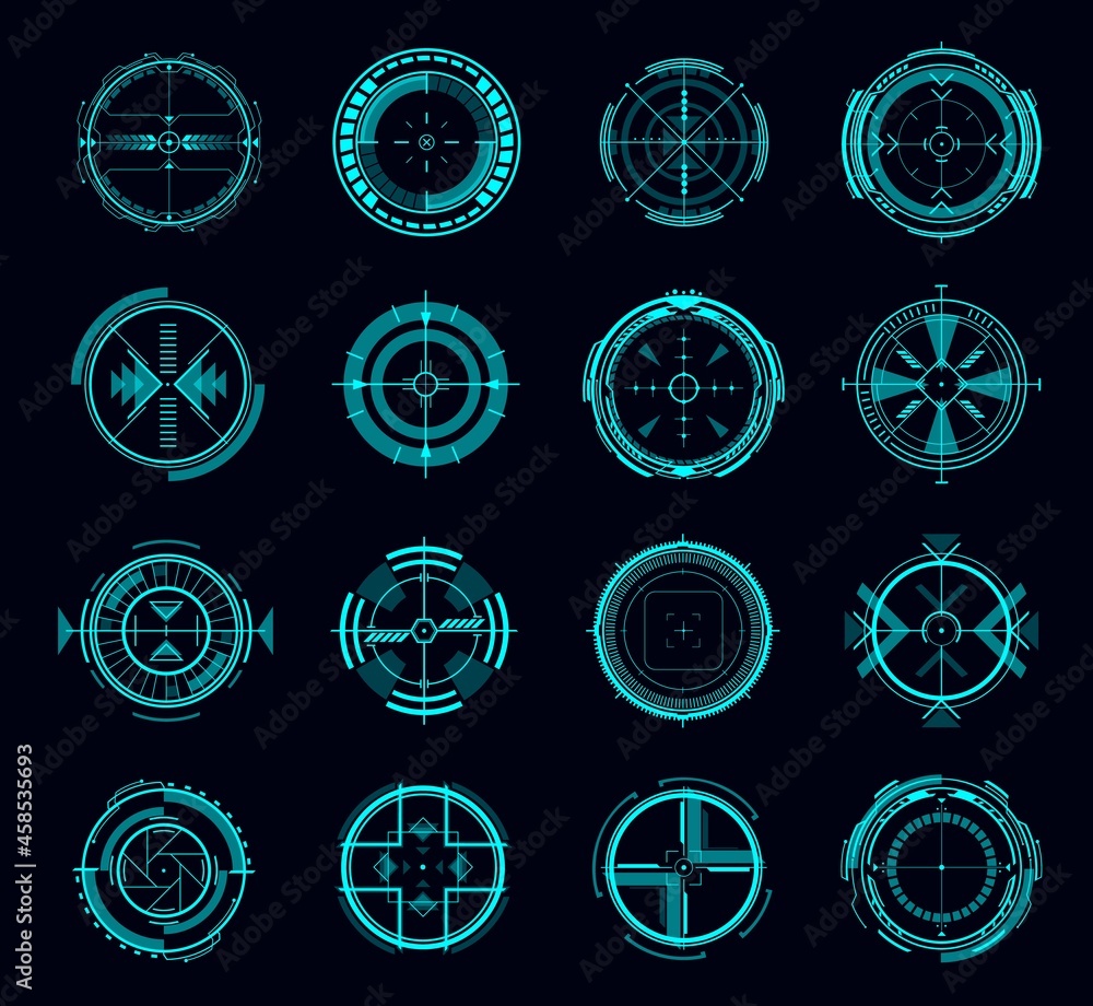 Aufkleber HUD vector aim control interface, futuristic target or navigation screen of game ui. Digital panel or hologram dashboard of future technology head up display with blue circles, arrows, targets