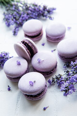 French macarons with lavender flavor and fresh lavender flowers