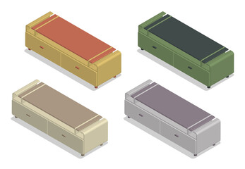 Isometric set of wooden TV tables. Home theater stand. Home furniture. Realistic 3D vector isolated on white background