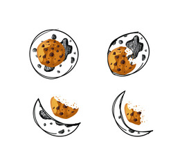 Vector hand drawn moon phases with bitten cookies isolated on white background, black scribble lines, freehand drawings, illustration template.