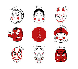 Set of isolated Japanese variety traditional masks. Colored flat graphic vector illustration of hannya, hyottoko, okame, tengu, kabuki, kitsune, oni and daikokuten.
