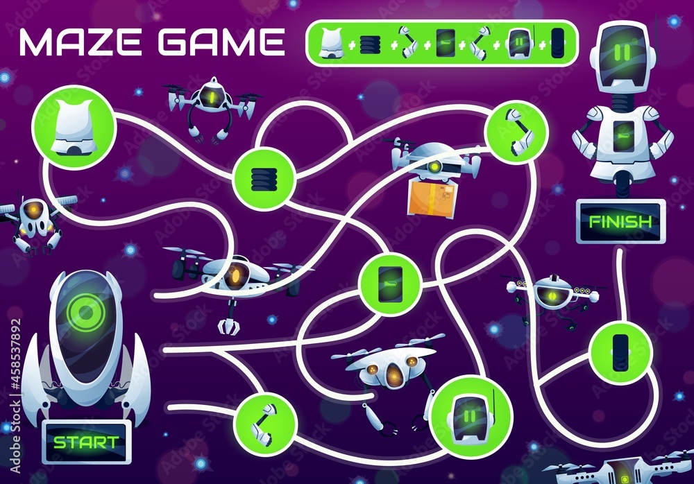 Poster Kids maze game with repair a robot labyrinth. Vector logic puzzle or riddle with find right way task, cartoon map with ai robots, drones, android bots and quadcopters, droids and robotic spare parts