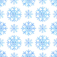 Seamless pattern with watercolor snowflakes of blue color. White background with cute snow characters. Winter sample of an ornament for fabric, textiles, wallpaper, packaging, print