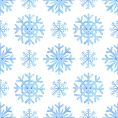 Seamless pattern with watercolor snowflakes of blue color. White background with cute snow characters. Winter sample of an ornament for fabric, textiles, wallpaper, packaging, print