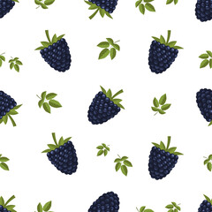 Dark-blue berries of bramble, dewberry, blackberry with green leaves, seamless vector background. Nice seample pattern with illustrations of cartoon brambles, dewberries and blackberries.