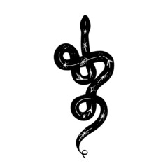 Mystical black hand drawn snake. Black celestial animal vector illustration. Esoteric concept with crescent moon, stars. Boho modern poster, card, magical t-shirt print.