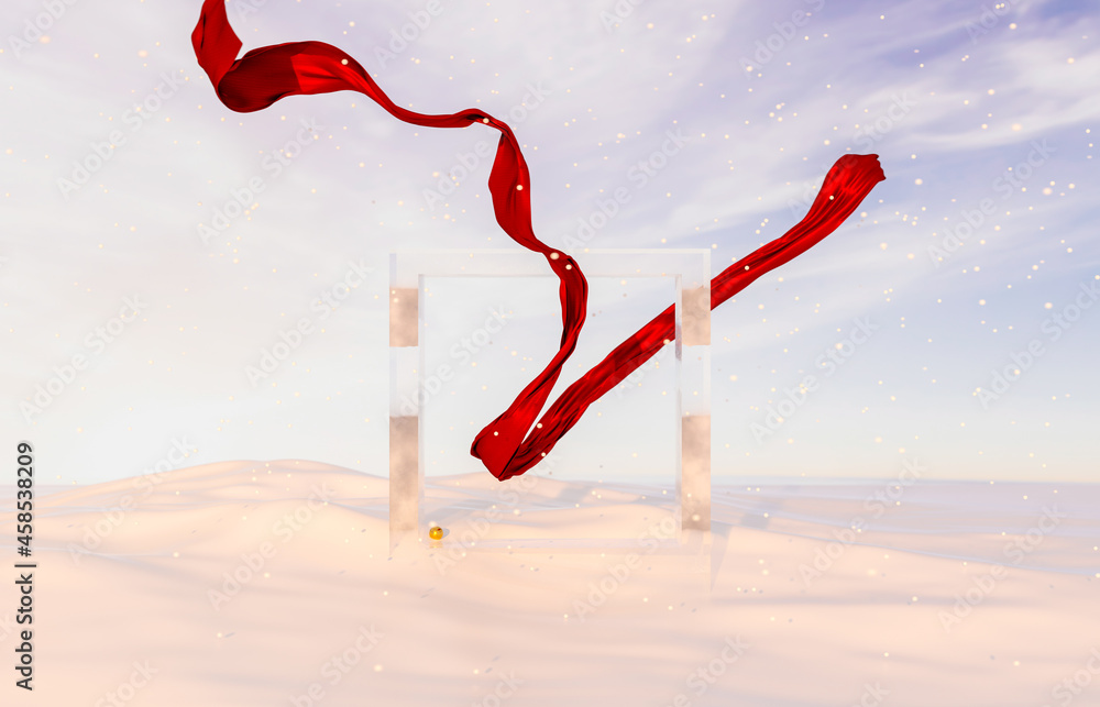 Aufkleber Abstract winter Christmas scene with geometric ice frame and red ribbon. 3d rendering.