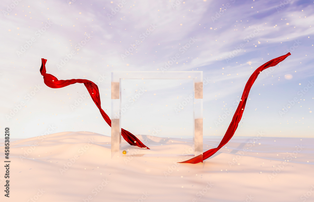 Aufkleber Abstract winter Christmas scene with geometric ice frame and red ribbon. 3d rendering.