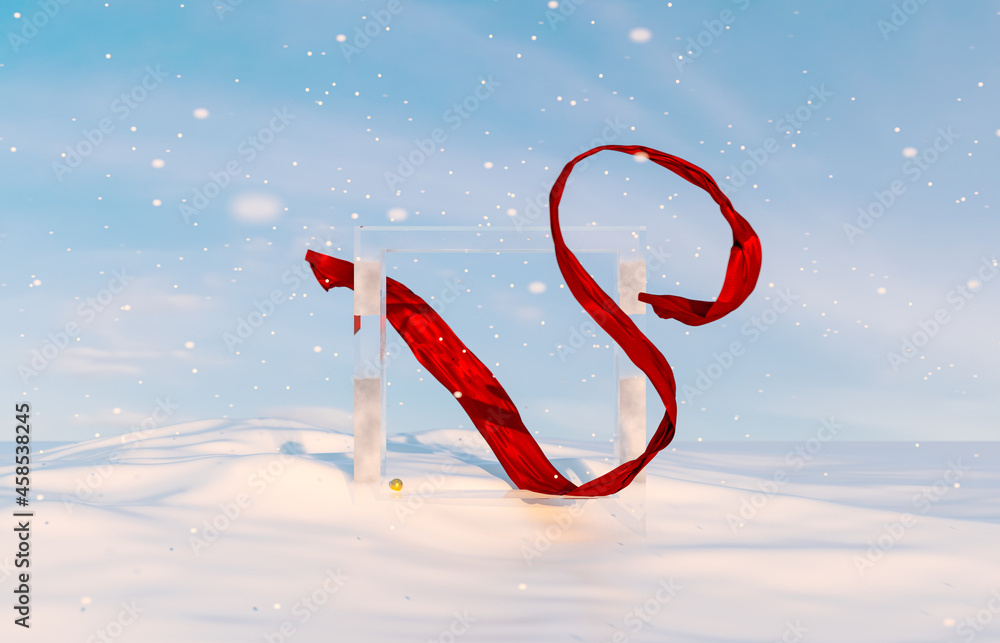 Aufkleber Abstract winter Christmas scene with geometric ice frame and red ribbon. 3d rendering.