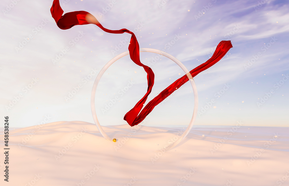 Aufkleber abstract winter christmas scene with geometric ice frame and red ribbon. 3d rendering.
