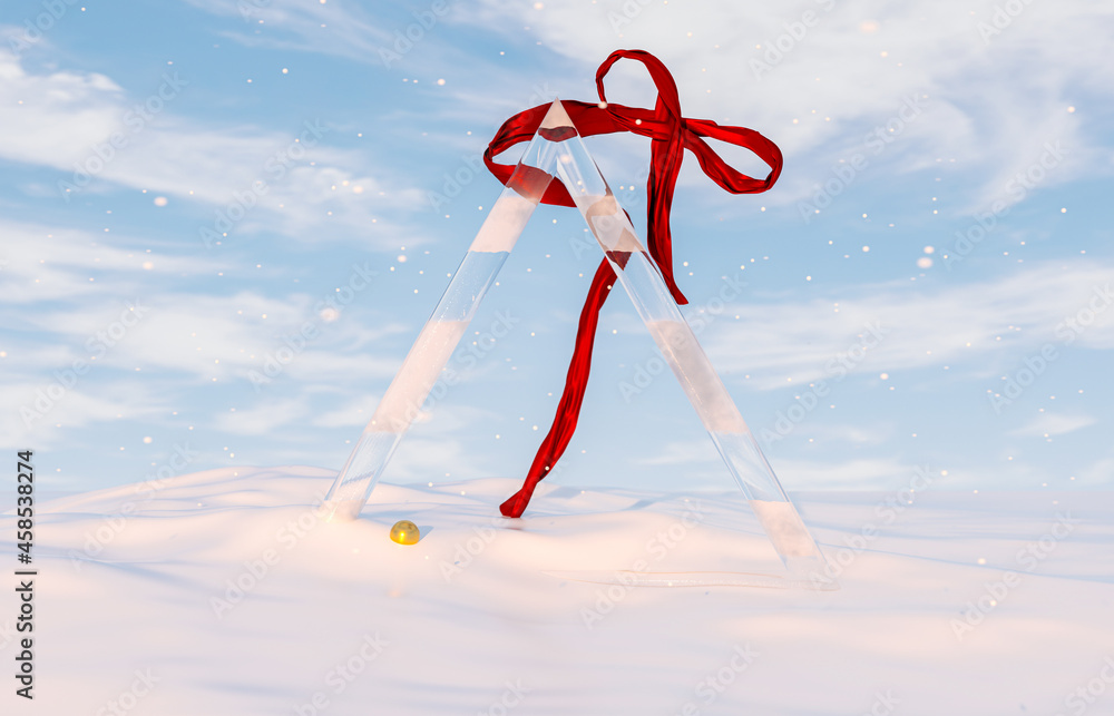 Aufkleber Abstract winter Christmas scene with geometric ice frame and red ribbon. 3d rendering.