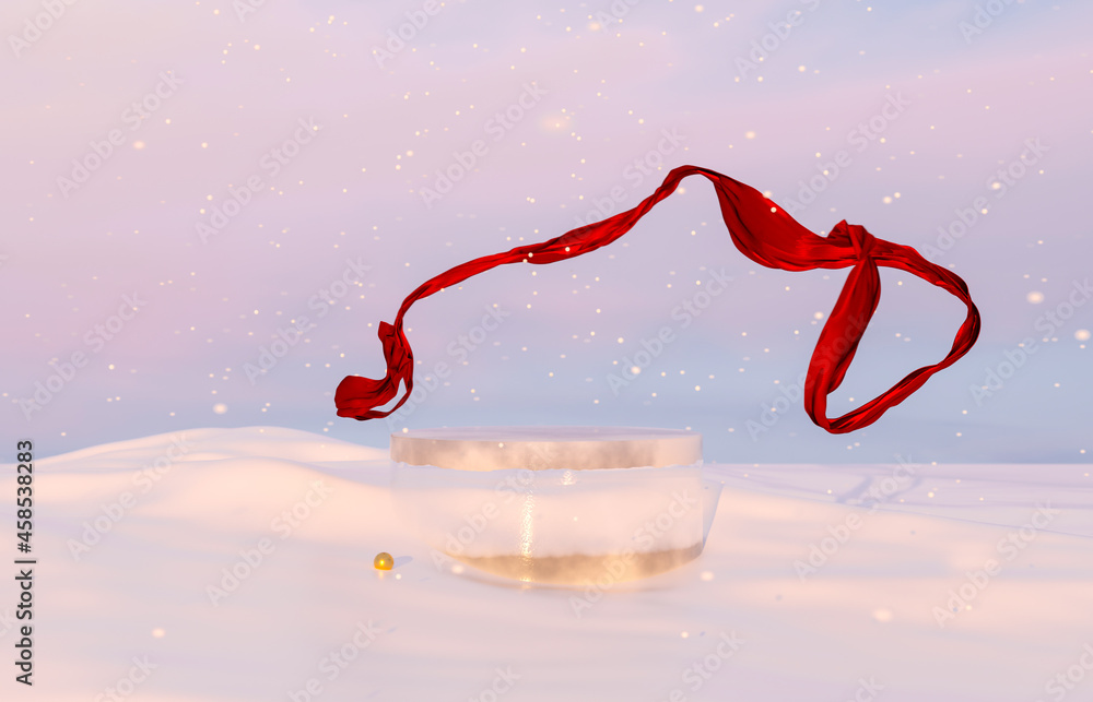 Poster abstract winter christmas scene with geometric ice frame and red ribbon. 3d rendering.