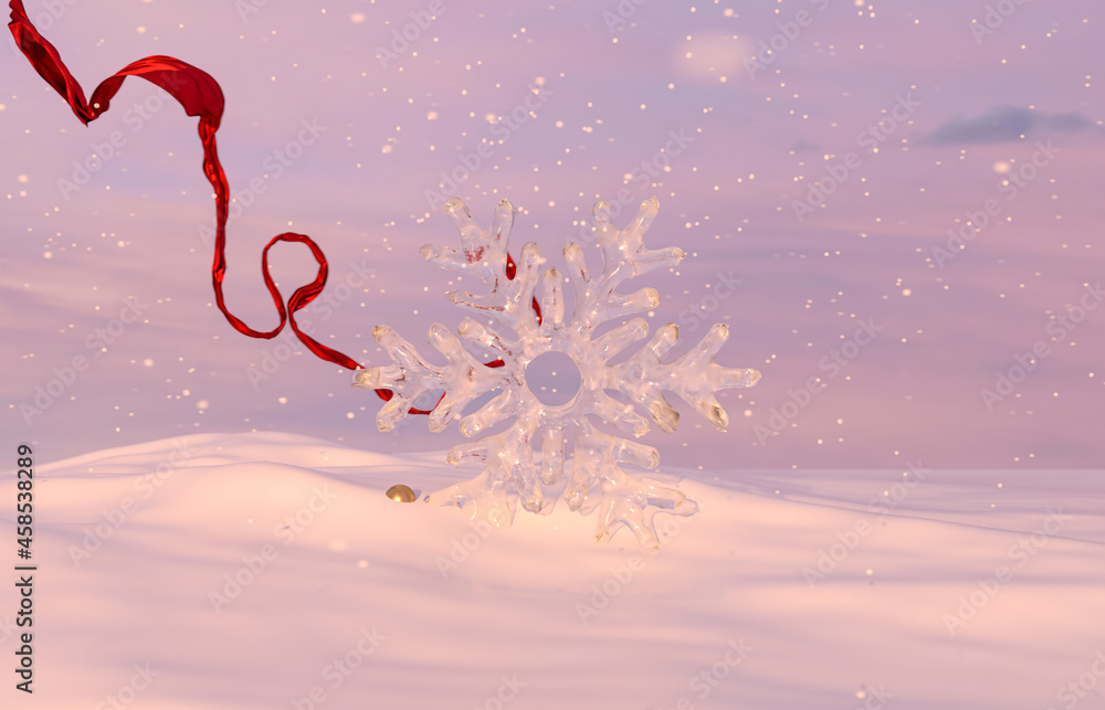 Aufkleber abstract winter christmas scene with geometric ice frame and red ribbon. 3d rendering.