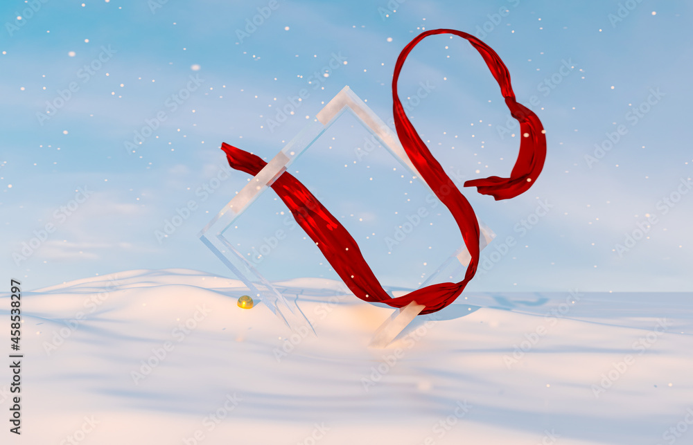 Aufkleber abstract winter christmas scene with geometric ice frame and red ribbon. 3d rendering.