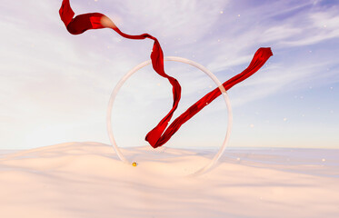 Abstract winter Christmas scene with geometric ice frame and red ribbon. 3d rendering.
