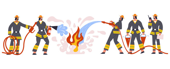 Fototapeta premium Firefighters team characters rescue and emergency service. Firemen emergency team watering fire, fighting with blaze vector illustration set. Brave firefighters group