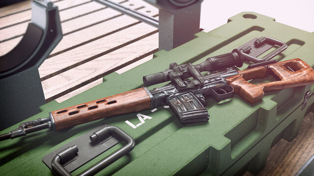 3d render of a sniper rifle on an ammunition crate