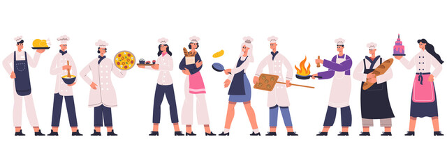 Fototapeta na wymiar Professional restaurant chefs, cook and sous chef characters. Culinary chef, sous chef, baker team, restaurant workers vector Illustration. Food industry chef characters
