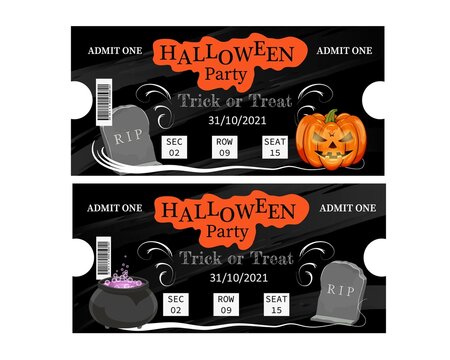 Two black tickets. Party invitations. Halloween. Pumpkin. Headstone. Ghosts. Web. Trick or treat. Party. Stoke. Illustration. Vector. Cartoon. Coupon. Sector. Row. Seat. Pattern. Admit one. Boiler.