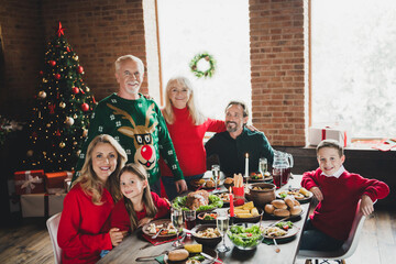 Photo portrait of couples of parent and grandparents celebrating winter holidays together with children