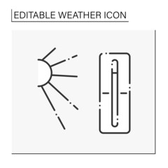 Thermometer line icon. Hot weather outside. Nice sunny day. High temperature. Swelter . Heat. Summer day.Weather concept. Isolated vector illustration. Editable stroke