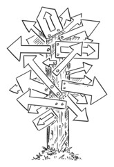 Confusing Signpost with Many Arrows, Decide and Choose Right Way , Vector Cartoon Illustration