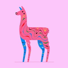 Vector illustration with colored llama animal and abstract doodle lines. Trendy print design, home decoration poster