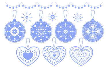 Fototapeta na wymiar set of garlands for the new year, toys stars and hearts, lanterns for christmas 