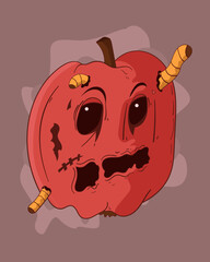 Red rotten worm apple with worms and spooky halloween look