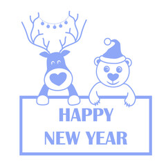 christmas card with deer and bear, Happy New Year , vector illustration 