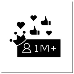 Followers glyph icon. Million plus subscribers.High influence on people. Mega influencer. Celebrity. Blogging concept.Filled flat sign. Isolated silhouette vector illustration