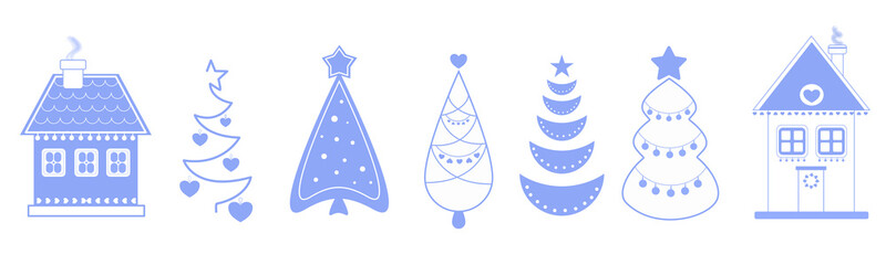set of christmas trees and gingerbread house, vector illustration, page decoration