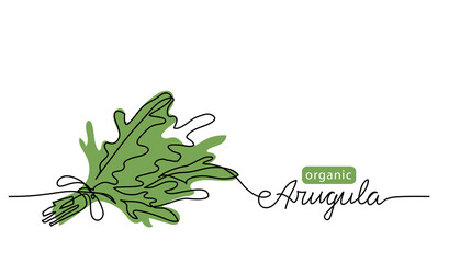 Arugula, rucola bunch simple vector drawing. One continuous line art border with lettering arugula