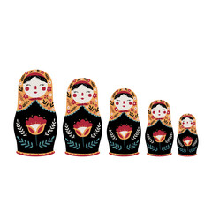 Matryoshka Russian Nesting Doll. Traditional Russian Culture. Folk toy. Babushka doll. Hand drawn vector illustration. 