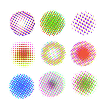 A collection of point halftone spheres. Circles of a point texture with the effect of vector failure, TV distortion, vhs failure. Isolated on a white background