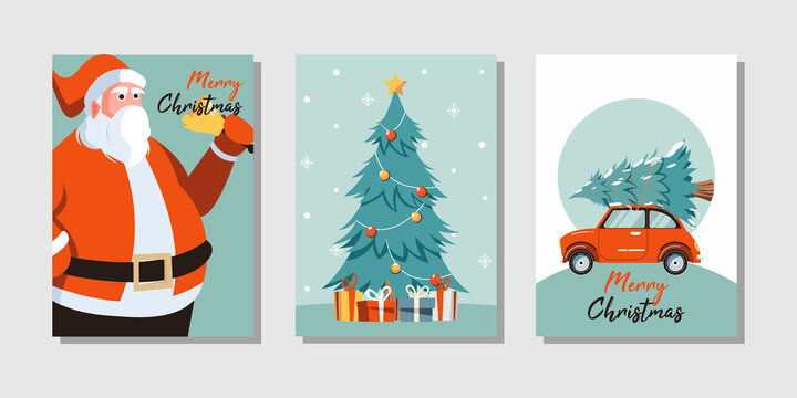Merry Christmas greeting card with cute christmas tree, santa and car designs