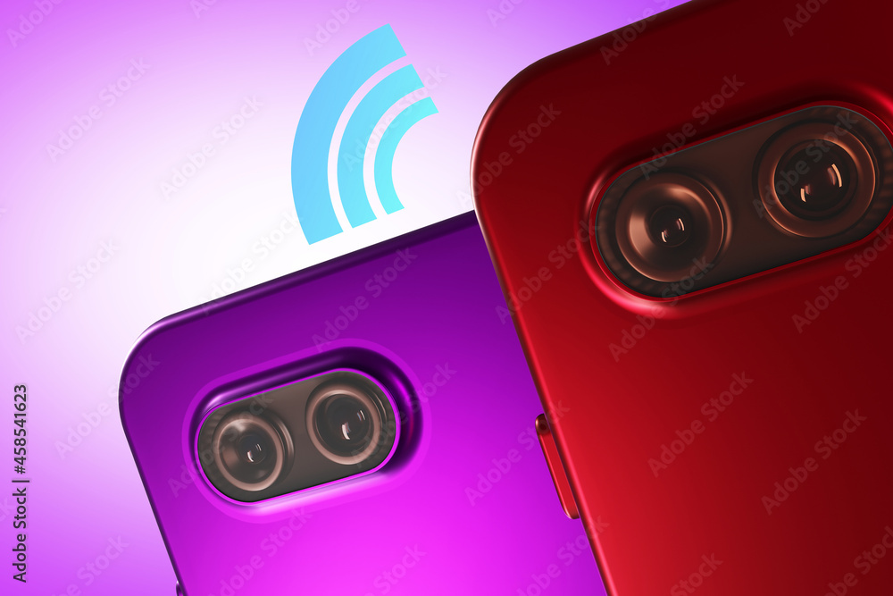 Poster Smartphones with dual cameras. Large image of the backs of mobile phones. Functions of modern smartphones. Video and photo shooting using your phone. Bright cell phones with cameras. 3d rendering
