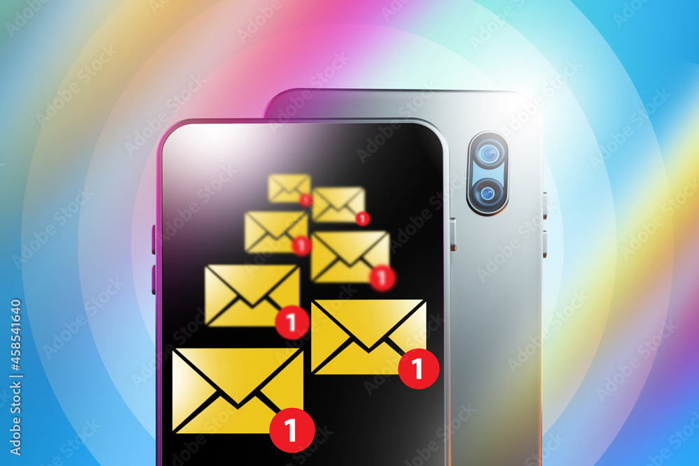 Poster icons of incoming emails on smartphone screen. mobile phone layout with email icons. using email on 