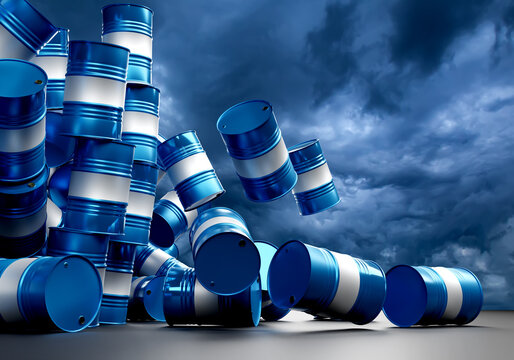 Falling oil barrels. Fuel market collapse. Oil prices fall. Blue metal barrels are falling. Oil barrels against the background of stormy sky. Petroleum market crisis. Problems in fuel sphere. 3d image