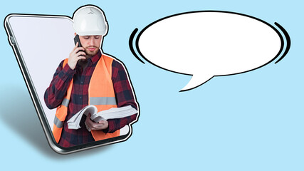 Architect or builder is talking to the customer on the phone. Worker discusses the details of a...