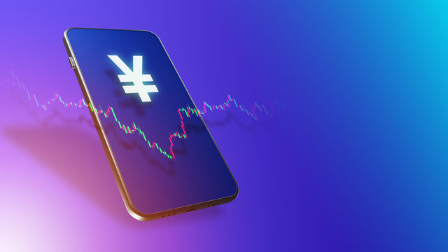 Currency trading. Foreign exchange. Online application for the stock exchange. Quotes of the Japanese yen. Yen symbol, chart and smartphone. Currency exchange operations. Place for text. 3d image.