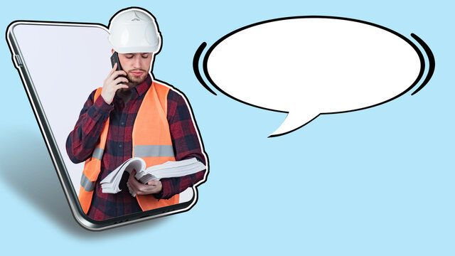 Architect Or Builder Is Talking To The Customer On The Phone. Worker Discusses The Details Of A Construction Project. Man In Builder Uniform And Dialog Box Bubble. Place For Text Next To Architect.